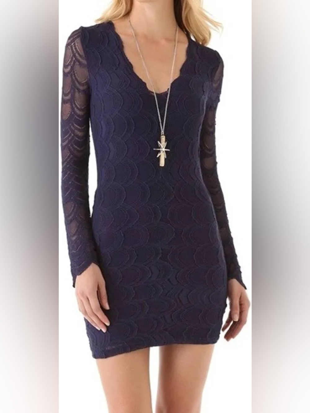Nightcap Navy Lace Long-Sleeve V-Neck Bodycon Dress